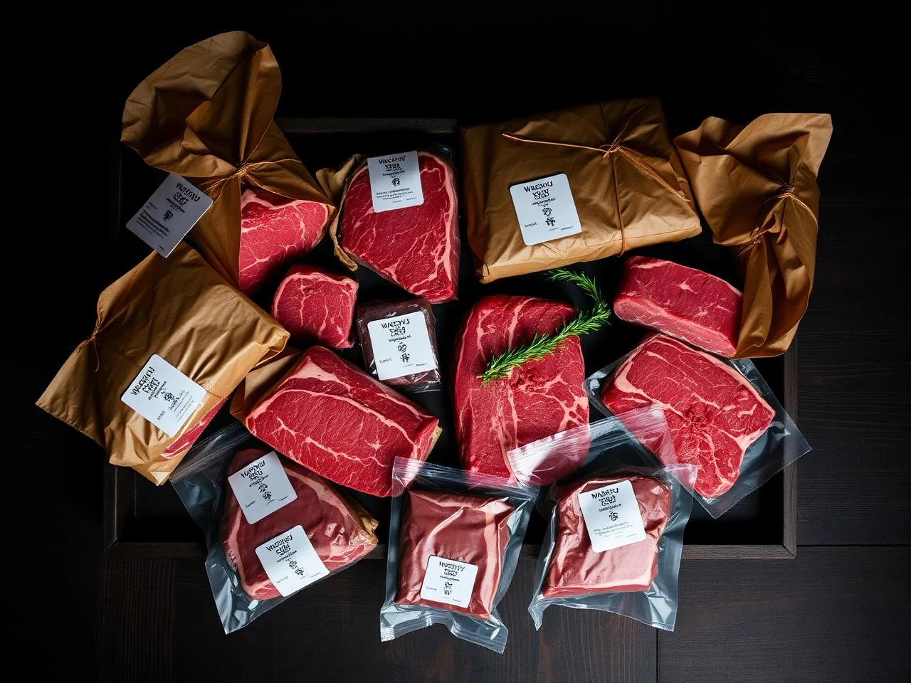 Vacuum-sealed Wagyu and farm beef packed for a bulk order