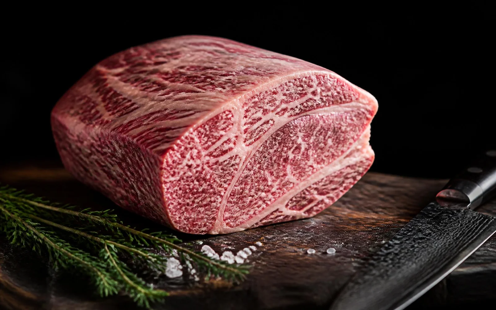 Beautifully marbled Wagyu beef roast on a dark wooden board with fresh herbs and sea salt