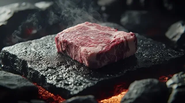 Marbled Wagyu steak resting on a hot stone slab over glowing embers