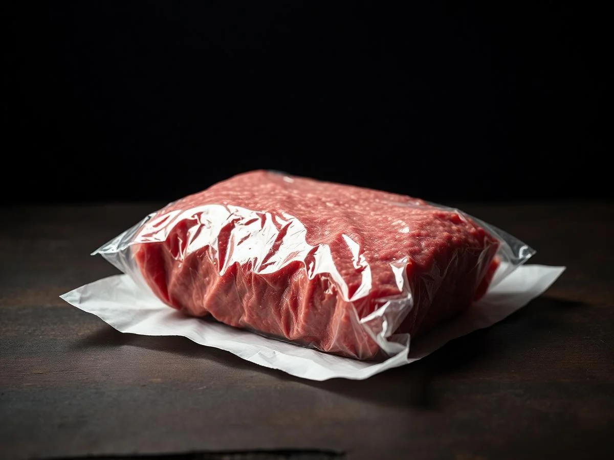 Package of fresh ground beef on butcher paper